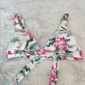 La Blanca White Floral Triangle Bikini Top with Pink & Green Print
